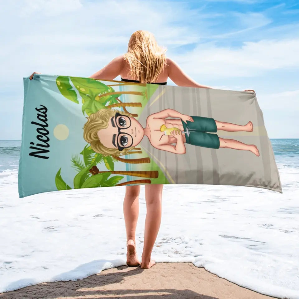 Prosop de plajă personalizat cu băiat chibi - pe plajă