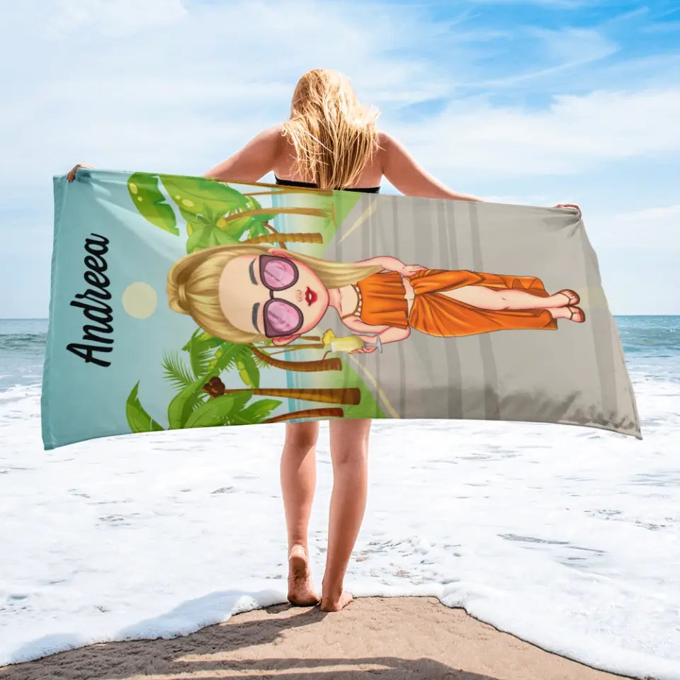 Prosop de plajă personalizat cu fată chibi - pe plajă