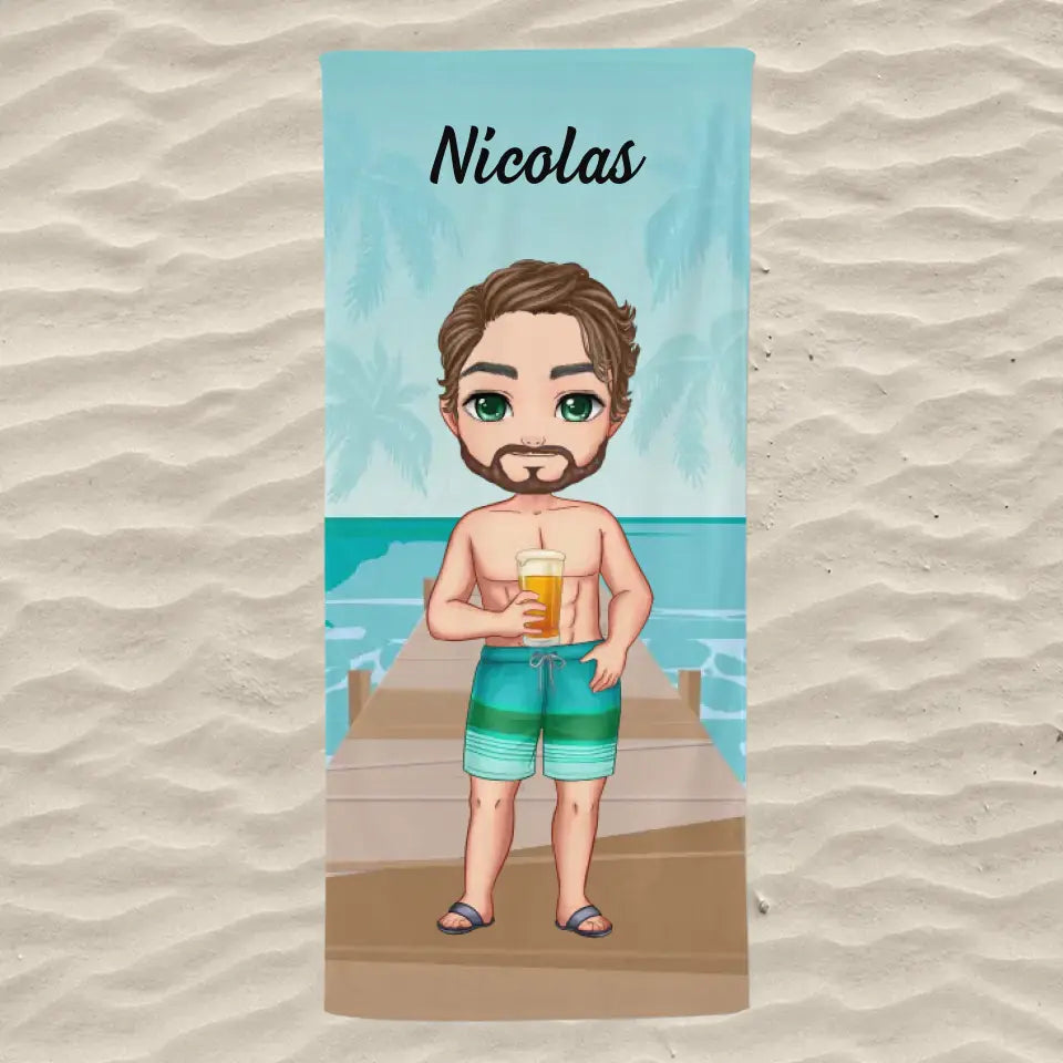 Prosop de plajă personalizat cu băiat chibi - pe plajă