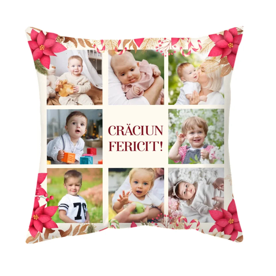 Pernă personalizată de crăciun cu 8 fotografii - Crăciun Fericit