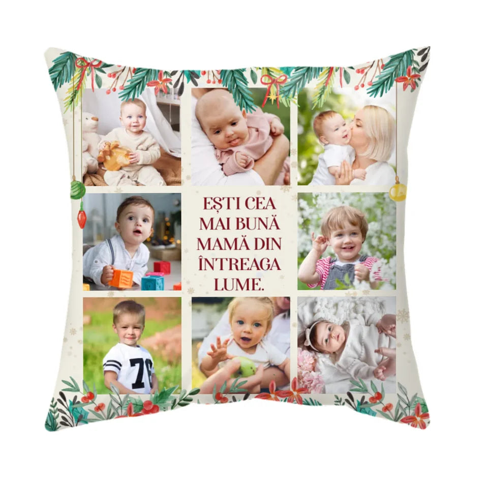 Pernă personalizată de Crăciun pentru familie - cu 8 fotografii