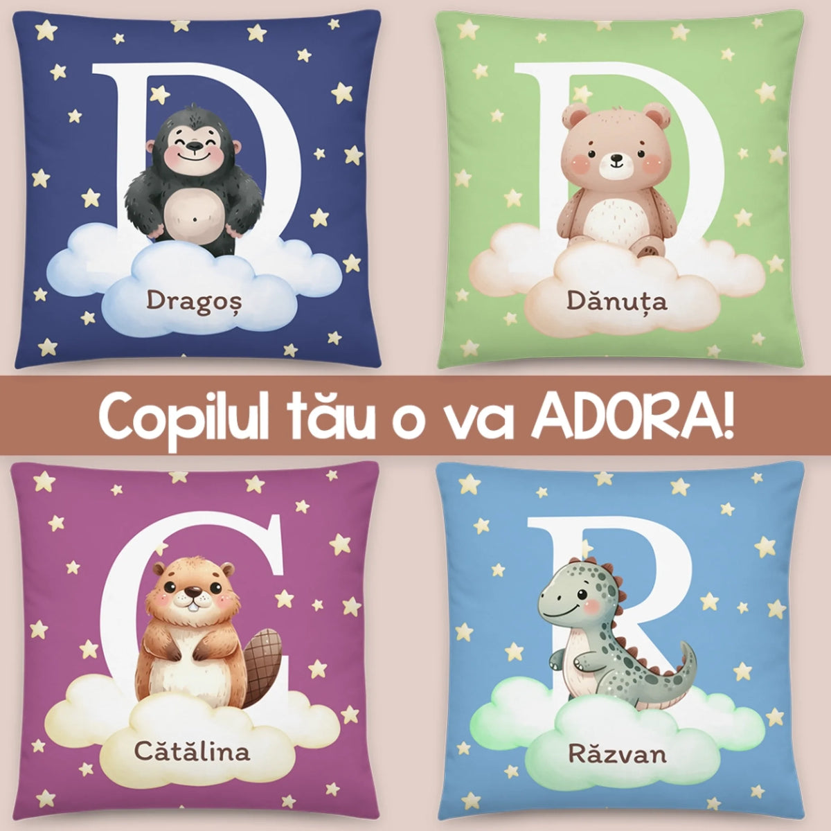 Pernă personalizată pentru copii, cu nume propriu – animale drăguțe7