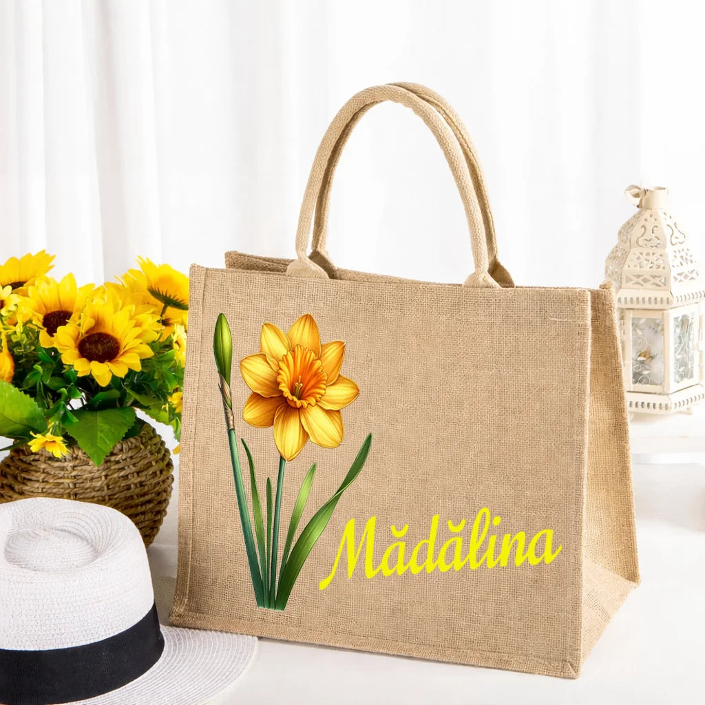 Geantă din iută personalizată - cu nume și floare