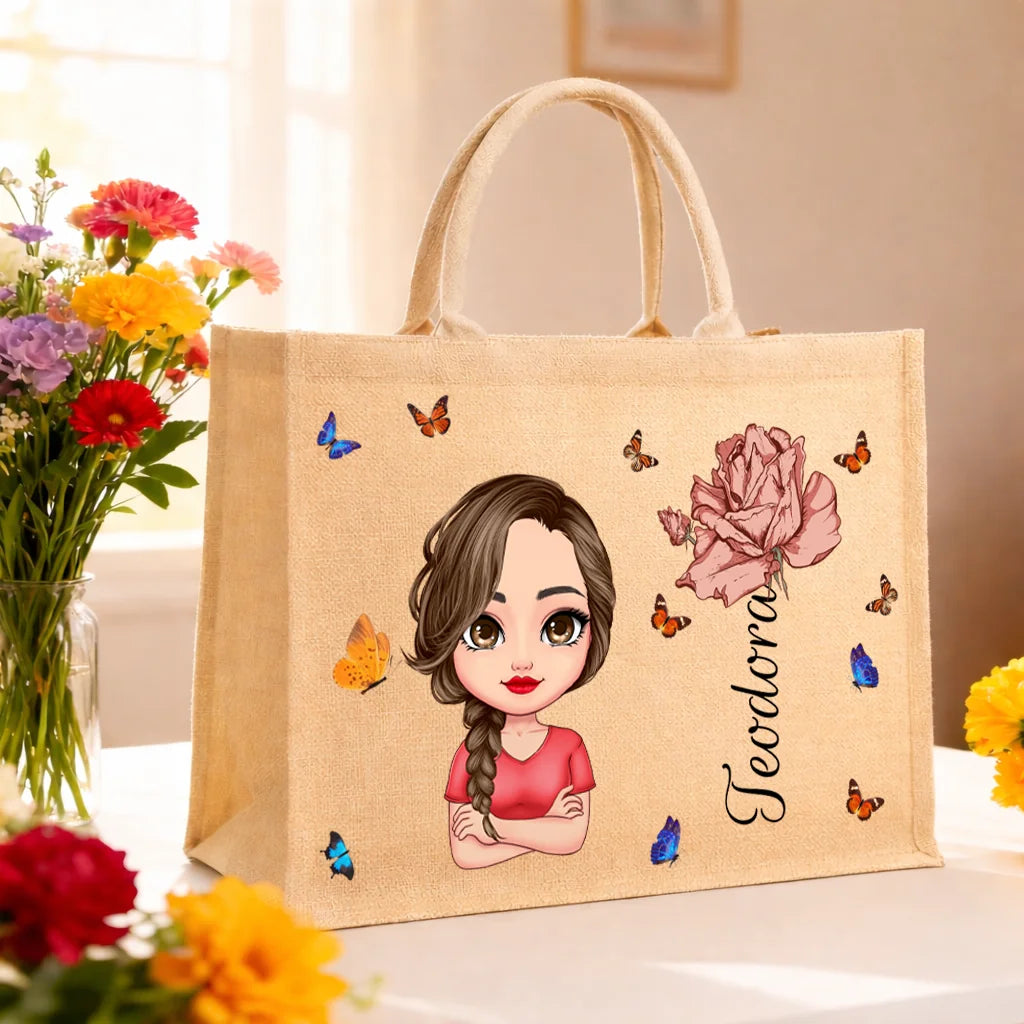Geantă din iută personalizată - cu personaj chibi și nume