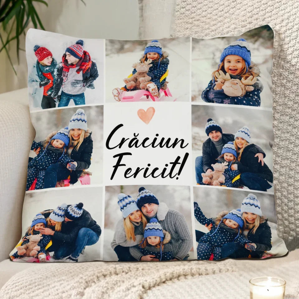 Pernă personalizată de crăciun cu 8 fotografii - Crăciun Fericit